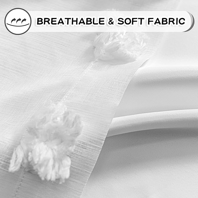 MYSKY HOME Light Blocking White Curtains for Living Room White Sheer Pom Pom Kids Room Decor Drapes 102 Inches Long Double Layer Curtain for Sliding Door Grommet Window Panels Set of 2 52" x 102"