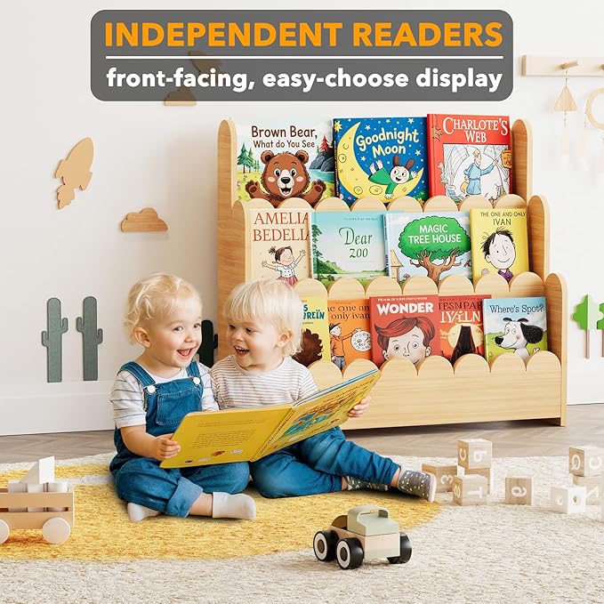 SpaceAid 3-Tier Scalloped Bookshelf, Montessori Bookcase for Toddlers, Wooden Book Shelf Organizer Display Furniture for Kids Rooms, Playroom, Nursery and Classroom, Natural