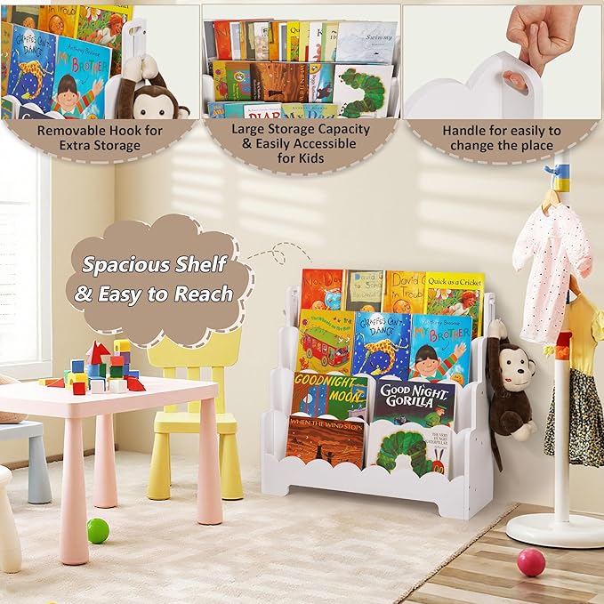 Kids Bookshelf Wooden 4-Tier, Scalloped Book Shelf for Kids Rooms, Front Facing Toddler Montessori Bookshelf, Baby Nursery Book Shelves Kid Classroom Book Shelf Bookcase