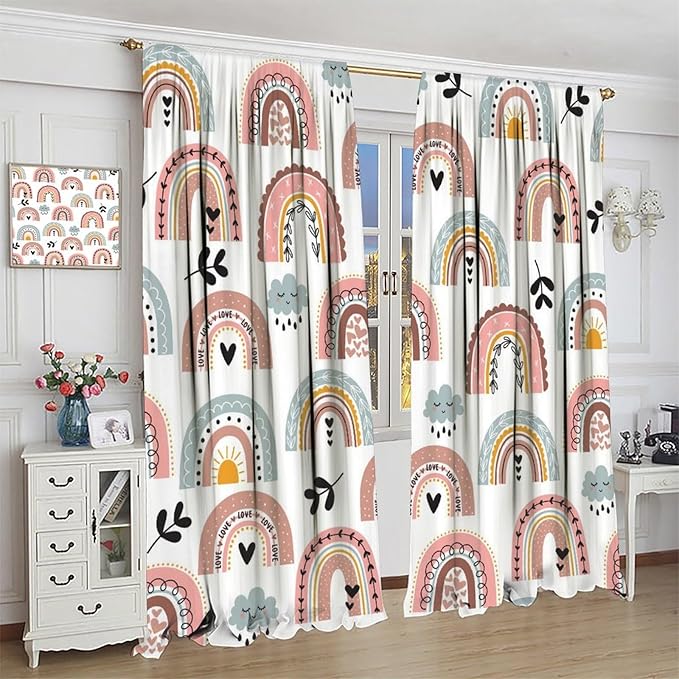 Kids Rainbow Curtains Boho Cartoon Colorful Stars Love Heart Lovely Abstract Art Pattern Print Window Drapes for Girl Bedroom Living Room Kitchen Decor,2 Panel Set,42Wx54H Inch Blackout