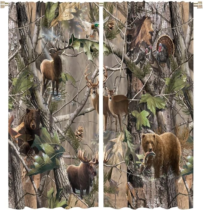 Retro Forest Window Curtains, Camouflage Hunting Tree Camo Rustic Deer Elk Bird Bear Blackout Rod Pocket Windows Door Curtain for Bedroom Living Room Home Decor 63x72in