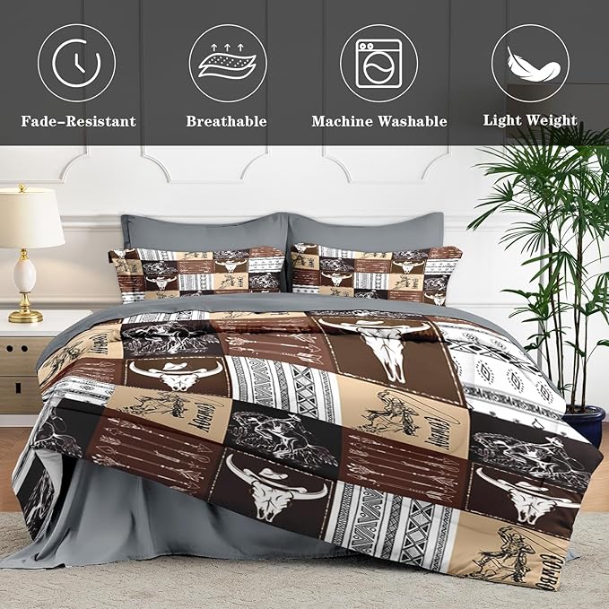 7 Pcs Full Size Comforter Set with 2 Pillowcases & 2 Shams, Cowboy Vintage Brown Bedding for Kids and Adults, Western Bed in a Bag with Flat Fitted Sheet