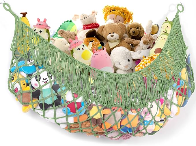 Stuffed Animal Hammock - Extra Large 63'' Long, Stuffed Animal Storage, stuffed animal Holder net, Toy Hammock Large, Toy Storage Hanging Organizer - Bean paste green