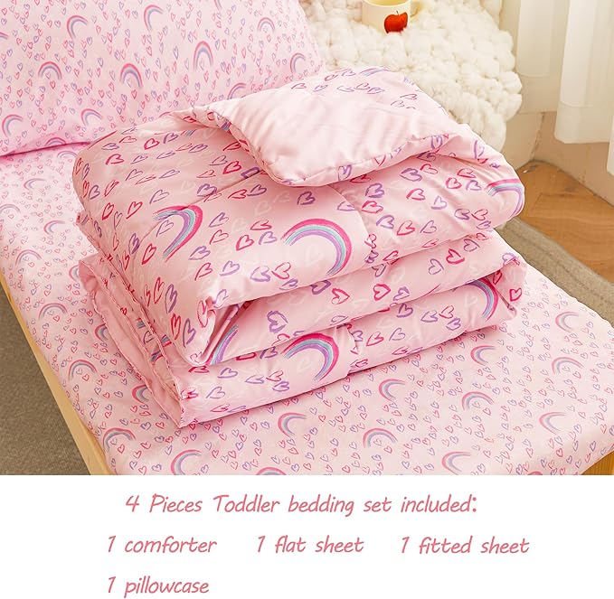 Viviland Rainbow Heart Toddler Comforter Sets, Cute Girls Toddler Bedding Set, Soft Microfiber Pink Toddler Bed Set
