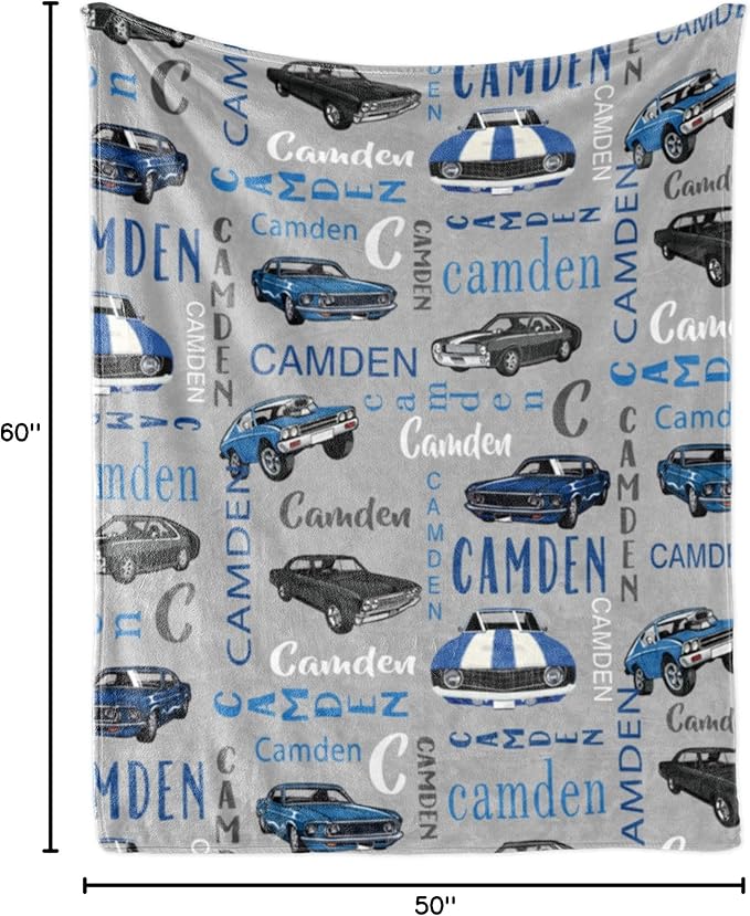 Personalized Car Blanket with Name for Boys, Custom Name Blanket for Teen, Soft Flannel Car Toddler Teen Blanket Customized Gift for Birthday New Year Gift 50"x60"
