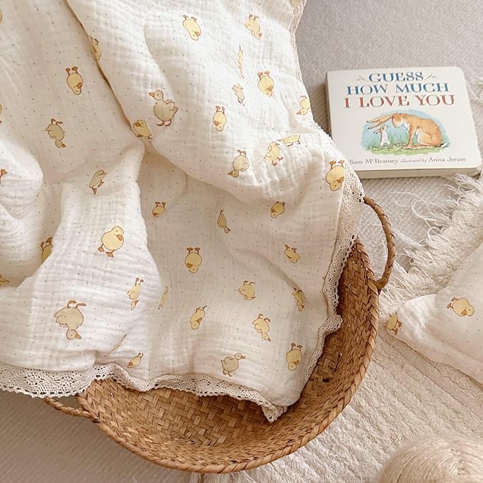 BuLuTu Baby Toddler Muslin Blanket| Crib Baby Quilts| Cot Comforter| Nursery Bed Throw Blanket| Toddler Quilt Blanket | Soft Breathable | Super Cute Duck Pattern| 60x78 Inch,2.5 Pounds