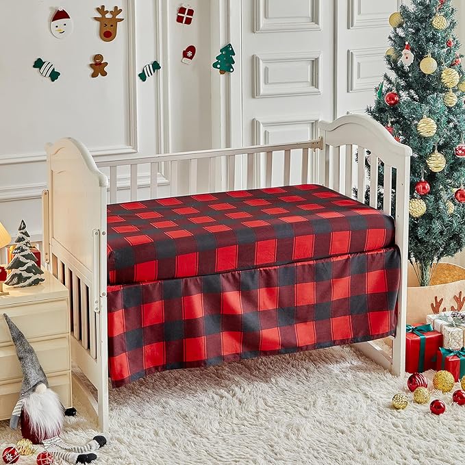 Christmas Red Crib Bedding Set 3 Pieces New Year Style Quilted Plaid Comforter with Fitted Sheet and Bed Skirt - Cute Santa Claus Snowman Tree Deer Design Baby Gift Crib Bed Set