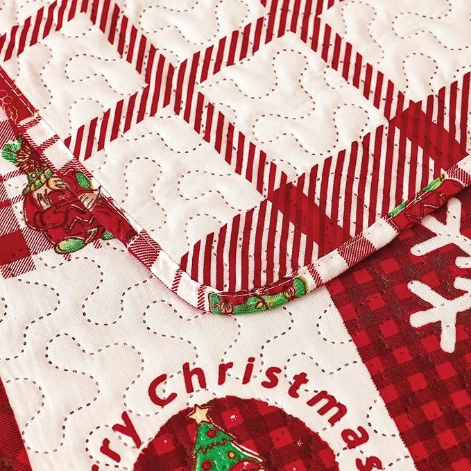 Christmas Quilt Set Queen Size Bedding - Red Plaid Xmas Bedspread With Gnome Decor, Holiday Lightweight Reversible Quilt