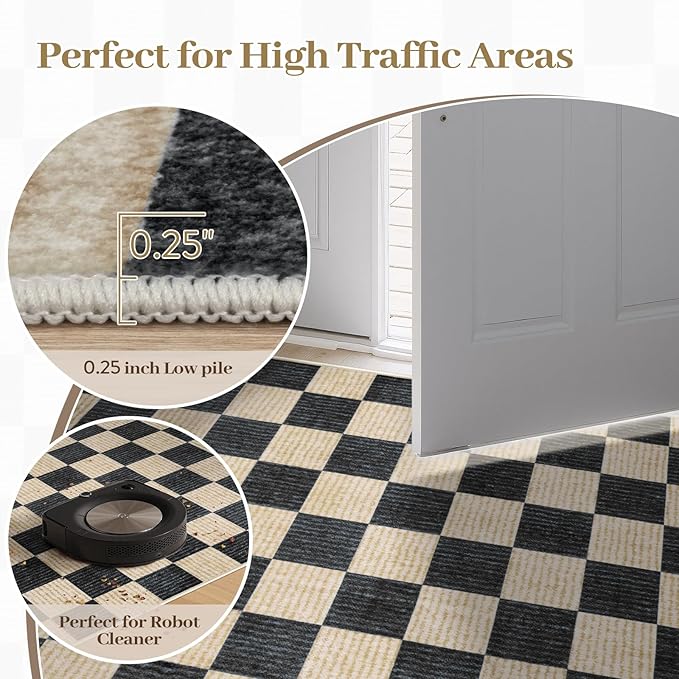 LIVEBOX Checkered Round Rug 6 Ft Washable Area Rug for Playroom, Kids Non-Slip Neutral Classic Circle Rug Geometric Large Carpet Soft Boys Rug for Classroom Dorm Bedroom(Black,180R)