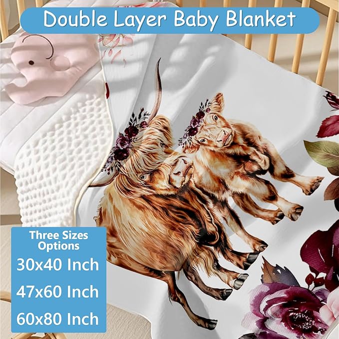 Personalized Name Baby Crib Bedding Set, 5 Pcs Custom Highland Cow Nursery Bedding Sets for Baby Girls Boys, Soft Double Layer Blanket, Newborn Infant, Toddler Crib Set