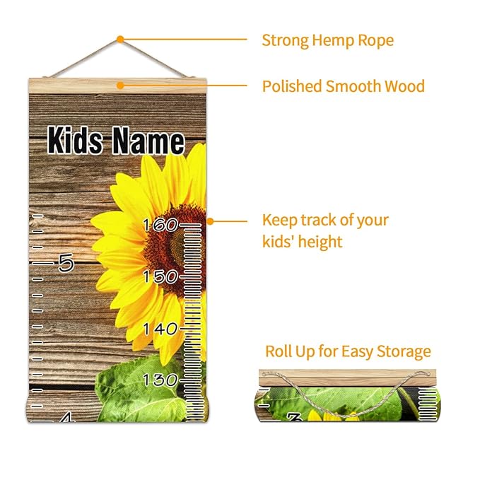 Personalized Kids Name Growth Chart Ruler for Wall Wood Frame Height Measure Chart 13.4x56 in Linen Hanging Height Growth Chart Sunflower and Wood Kids Room Decor