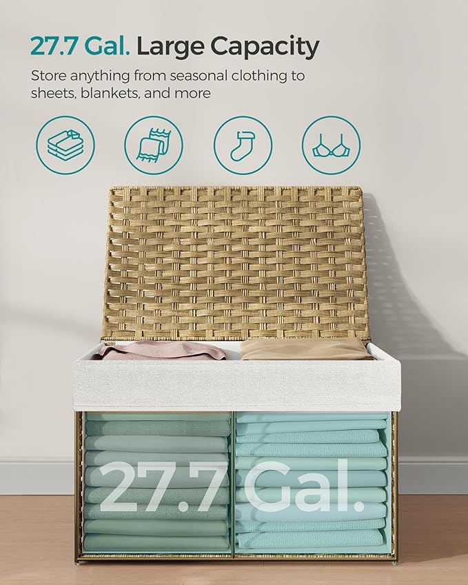 SONGMICS Storage Basket with Lid, 27.7 Gallon (105L) Storage Bin, Woven Blanket Storage Basket with Handles, Foldable, Removable Liner, Metal Frame, for Bedroom, Laundry Room, Natural URST066N01