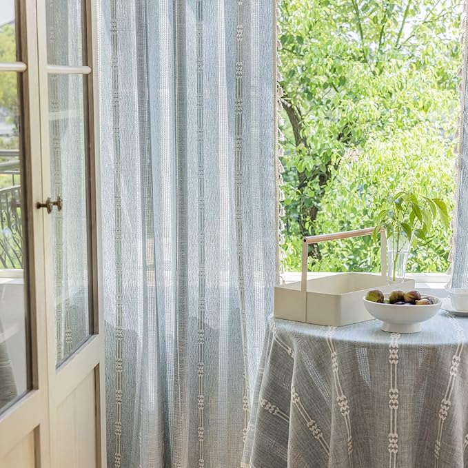 ENJOYBRIDAL Boho Curtains 96 Inch Length 2 Panels Semi Sheer Blue Grey Drapes Embroidered Tassel Rod Pocket Hollow Out Window Curtain Panels Farmhouse Window Treatment for Bedroom Living Room