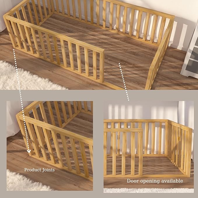 Montessori Floor Bed for Kids 52x27,5'' | Toodlers Floor Bed with Safety Guardrails | Pine Wood Baby Bed | Sturdy Wood Frame Bed for Girls and Boys (Crib, Height : 17 Inches)