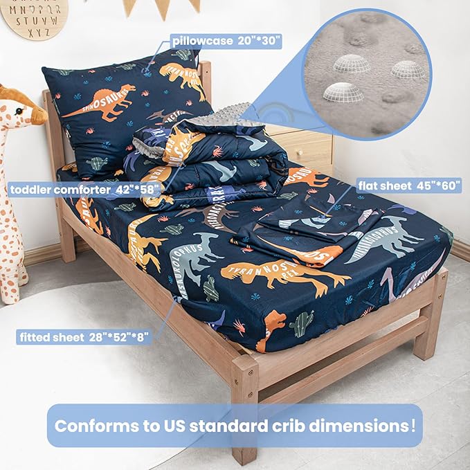 Toddler Bedding Set, Plush Minky Fabric Crib Bedding Set for Girls, Breathable and Soft Baby Crib Bedding Set, Includes Toddler Comforter, Flat Sheet, Fitted Sheet and Pillowcase (Green Dinosaur)
