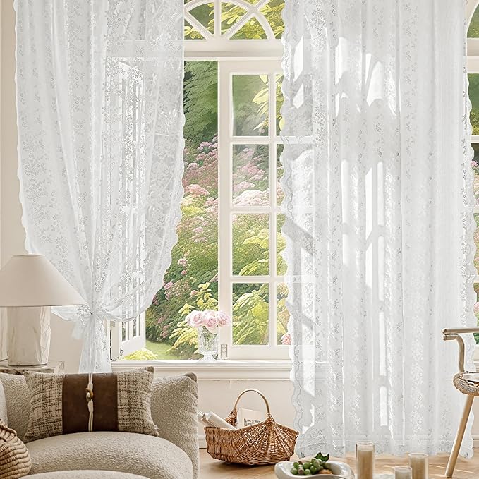 Anmao Vintage Lace Curtains 45 Inches Long 2 Panels Set, Romantic Elegant Light Filtering Semi Sheer Floral Thick Lacy Curtain Drapes for Living Room and Bedroom, Each Panel 55W x 45L, Bright White