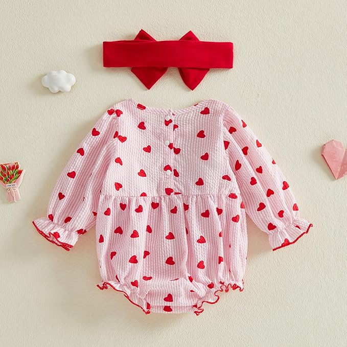 Amiblvowa Baby Girl Valentines Day Outfit Embroidery Love Heart Smocked Bubble Romper Bodysuit Cute Infant Newborn Clothes