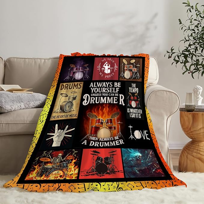 Drum Set Fleece Blanket Rock Music Throw Blankets for Girls Boys Super Soft Warm Flannel Cool Musical Instrument Throws Gifts for Men Women Cozy Fuzzy Plush Stuffed Couch Bed Bedding Decor 80"x60"