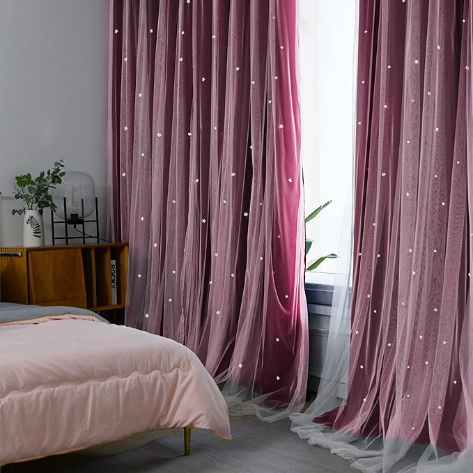 Kinryb Kids Blackout Curtains for Bedroom/Living Room/Classroom, Sheer Overlay 2 Free Tiebacks, Double Layer Curtains with Star Cutout for Kids Room(Each Piece W 70 x L 95 Inches 2 Pcs Red)