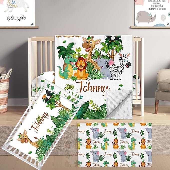 Custom Name Crib Bedding Set, 3 Pcs Personalized Baby Crib Bedding Set, Soft Forest Animals Nursery Crib Sets for Boys Girls, Double Layer Toddler Bedding Set Customized Gifts for Newborn Kids