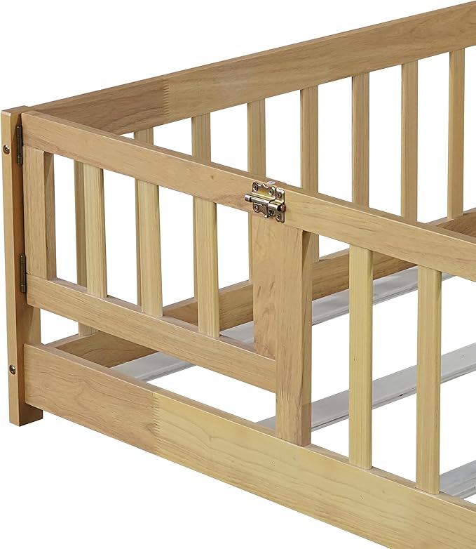 Bellemave Twin Size Floor Bed Frame with Fence and Door for Kids, Montessori Floor Bed with Slats and Safety Guardrails,Solid Wood Twin Bed Frame for Girls Boys,Natural