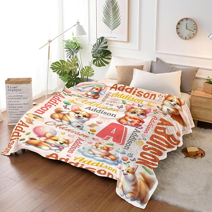 Personalized Custom Corgi Dog Blanket Gifts for Kids Boys Girls with Name - Customized Corgi Dog Super Soft Lightweight Flannel Sheets Decor for Crib Nap Couch - 90"x120" for Whole Family