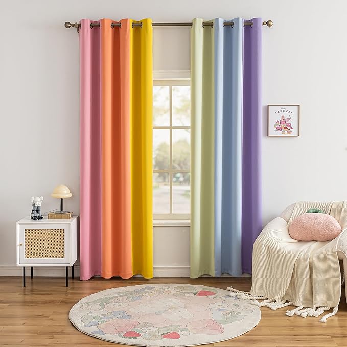 Rainbow Curtains Made with a Patchwork of Pink, Orange, Yellow, Green, Blue, and Purple for Kids Bedroom Blackout Colored Curtains for Bedroom Classroom (2 Panels, W52 X L120)