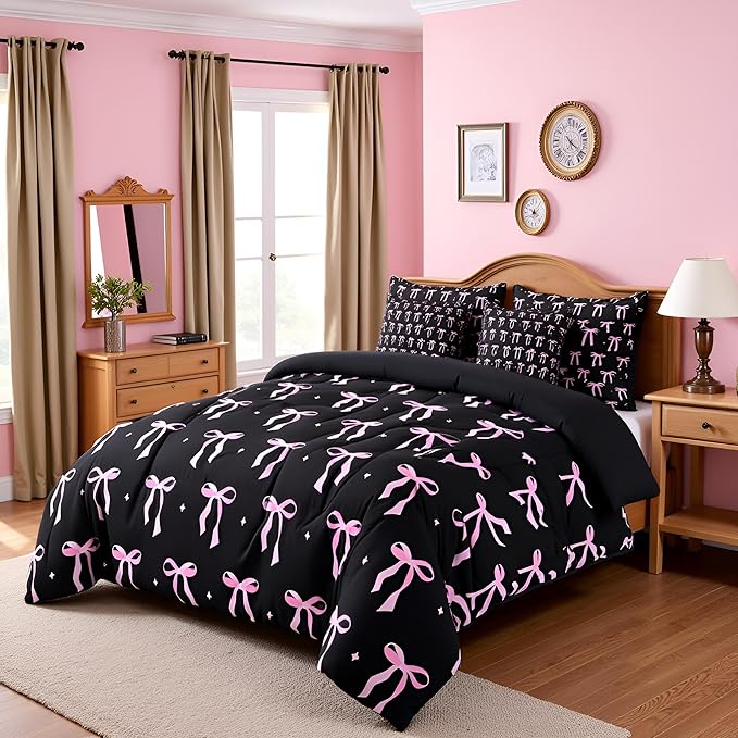 7 Pieces Pink Bowknot Kids Comforter Twin,Stars Watercolor Bow Tie Patchwork Bedding Set,Butterfly Knot Princess Black Noble Chic（Comforter+Fitted+Flat Sheet+2 Pillowcases+2 Throw Pillow Covers）