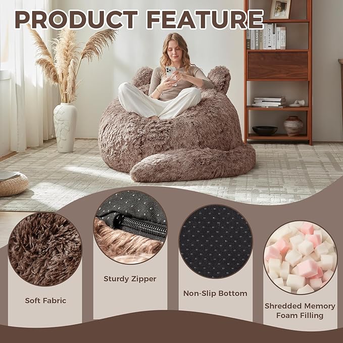 Bean Bag Chair for Adults Teen,Giant Bean Bag Chairs Cat Design,Plush Faux Fur Beanbag Couch Comfy Accent Floor Sofa for Reading, Playing, Relaxing in Living Room, Bedroom