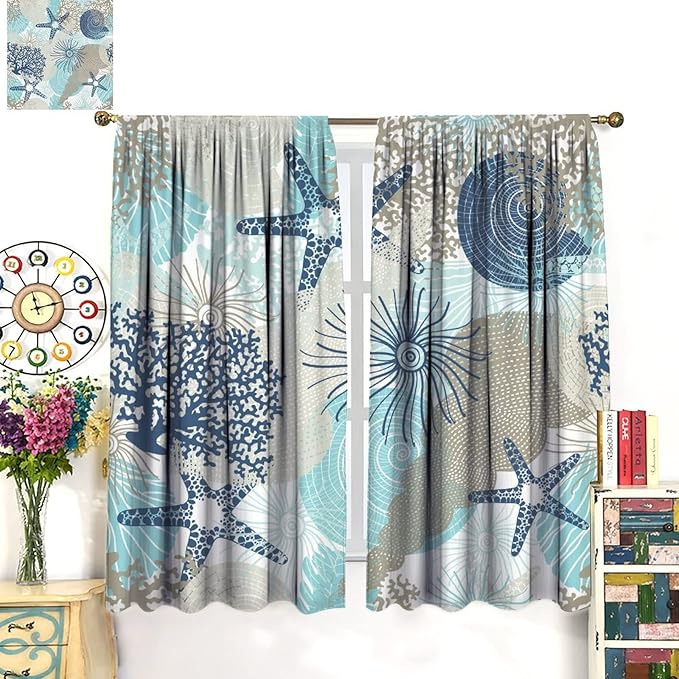 Coastal Curtains Ocean Beach Themed Room Darkening Window Curtain Nautical Coral Blackout Curtain for Bedroom Living Room Bathroom Nursery Set 2 Panels,84x84 Inches