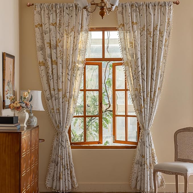 ENJOYBRIDAL Yellow Floral Curtains 84 Inch Length 2 Panels Set Living Room Floor Length Drapes Bedroom Boho Farmhouse Semi Sheer Window Curtain Panels Rod Pocket Tassel Dining Room Window Treatments