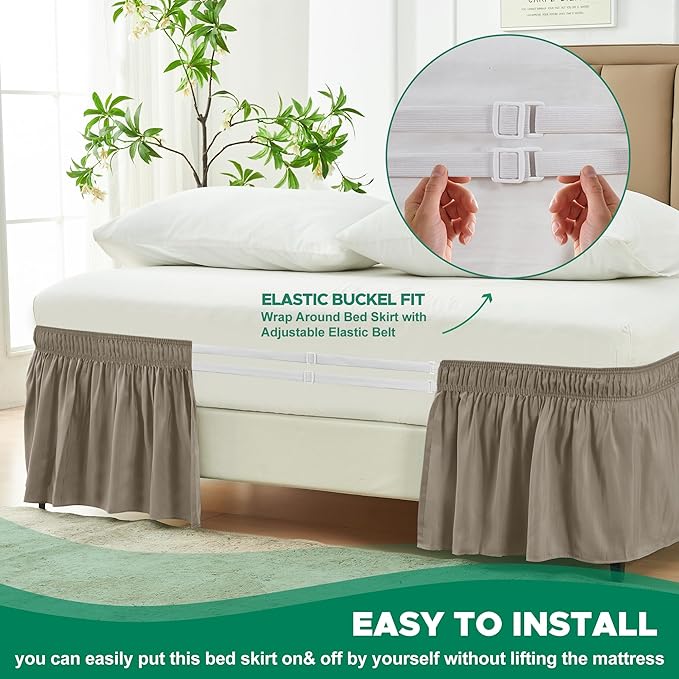 Biscaynebay Wrap Around Bed Skirts for Full & Full XL Beds Short Drop of 12", Taupe Adjustable Elastic Dust Ruffles Easy Fit Wrinkle Resistant Silky Luxurious Fabric Machine Washable