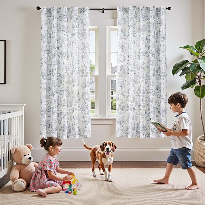 jinchan Linen Nursery Curtains 72 inch Long Woodland Wildlife Blue Print Drapes for Kid's Room Light Filtering French Country Farmhouse Curtains with Bunny and Forest Design Set of 2 Panels