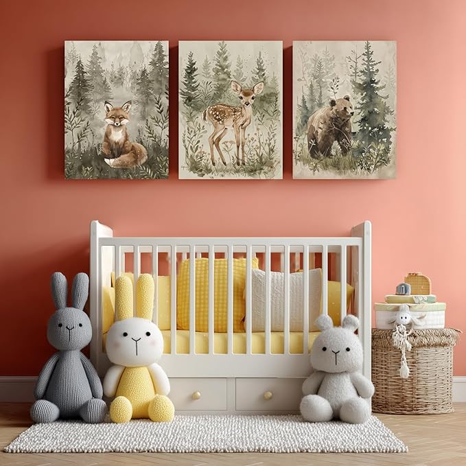 kilamino Framed Woodland Animal Nursery Wall Art, Cute Fox Bear Deer Wall Decor, Neutral Wildlife Animal Art Prints, Funny Nature Forest Animal Canvas Paintings for Baby Room Playroom 16"x24"x3