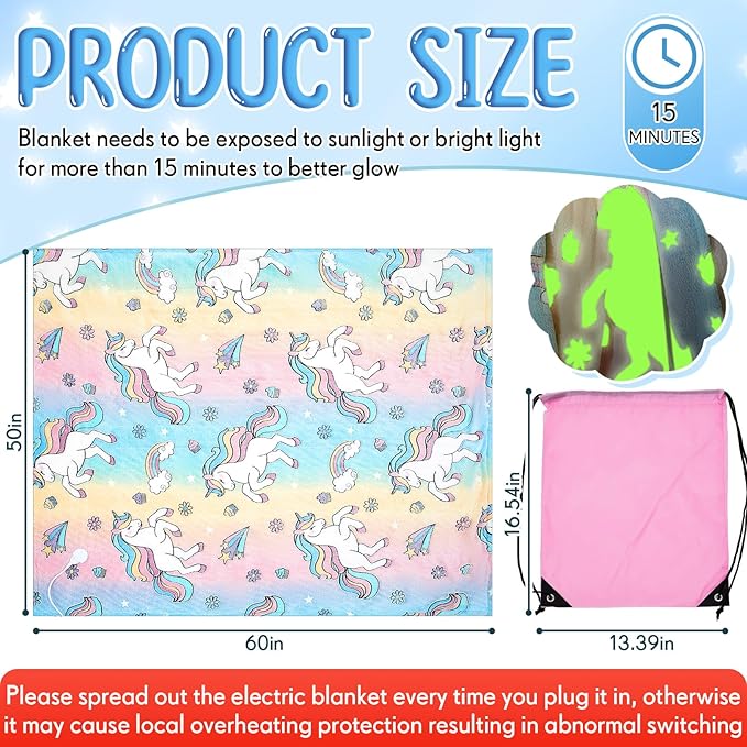 Kids Heated Blanket Glow in The Dark Unicorn Children Heating Blanket Girls Boys 50"x60" Electric Throw with 10 Heating Levels & 8 Hours Auto Off Etl Certified Machine Washable