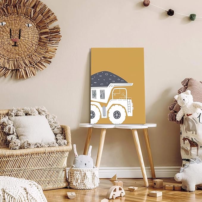 AKWISH Framed Nursery Construction Truck Wall Art Set of 3 – Cute Excavator Tractor Dump Truck Canvas Prints, Boys Bedroom and Baby Room Wall Decor, Playroom Vehicle Artwork – 12x16in