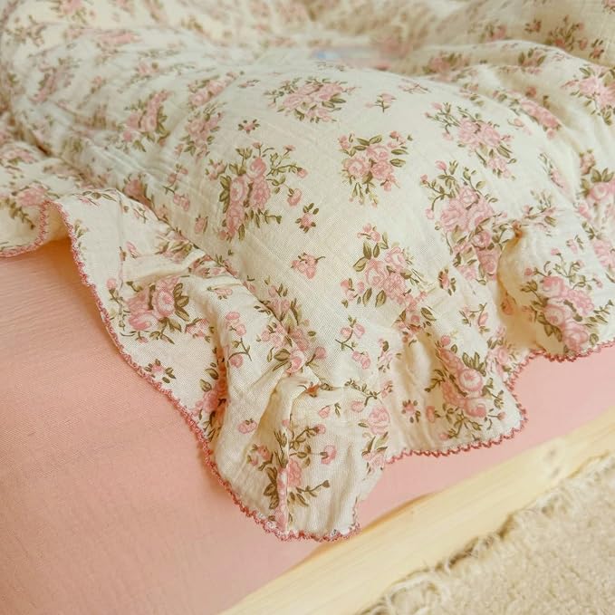 BuLuTu Muslin Duvet Cover Full for Kids Adults Elegant Pink Floral Duvet Covers with Ruffles Soft Breathable Comforter Cover Quilted Cover for Women Girls, 79"x90", No Pillow Cases