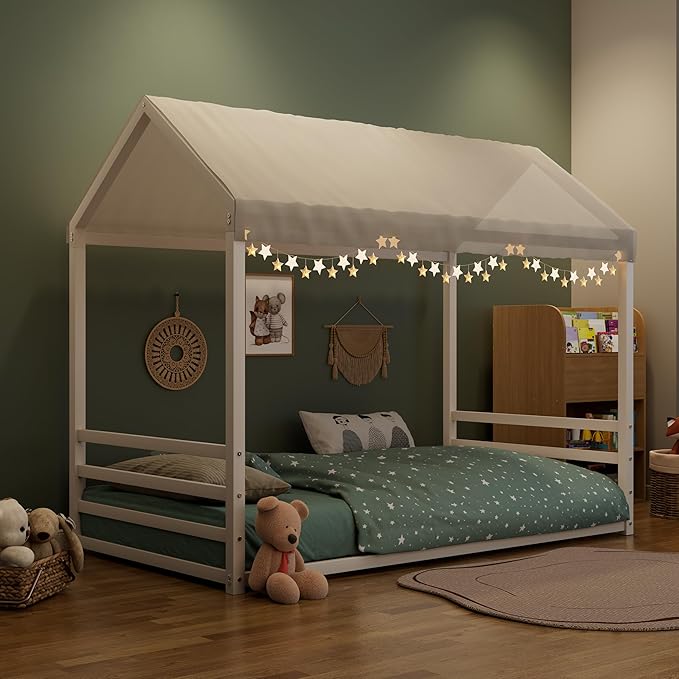 Harper & Bright Designs Full Size Montessori Floor Bed for Children, Metal House Bed Frame with Roof and Fence, Kids Floor Bed Frame for Boys Girls, Easy Assemble, No Slats,White