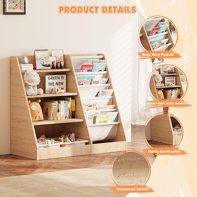 NACHES 4 Tier Kid Bookshelf Wooden 5 Sling Children Bookcase Toddler Montessori Bookcase Book Rack Display Toy Storage Organizer Adjustable Book Display Shelf Stand Classroom Bedroom Nursery Playroom