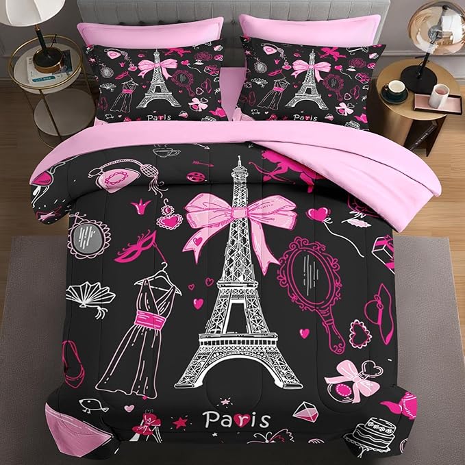 7 Pcs Full Size Comforter Set with 2 Pillowcases & 2 Shams, Paris Eiffel Tower Bedding for Kids and Adults, Cute Pink Makeup Fashion Dress Bed in a Bag with Flat Fitted Sheet