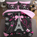 7 Pcs Queen Size Comforter Set with 2 Pillowcases & 2 Shams, Paris Eiffel Tower Bedding for Kids and Adults, Cute Pink Makeup Fashion Dress Bed in a Bag with Flat Fitted Sheet