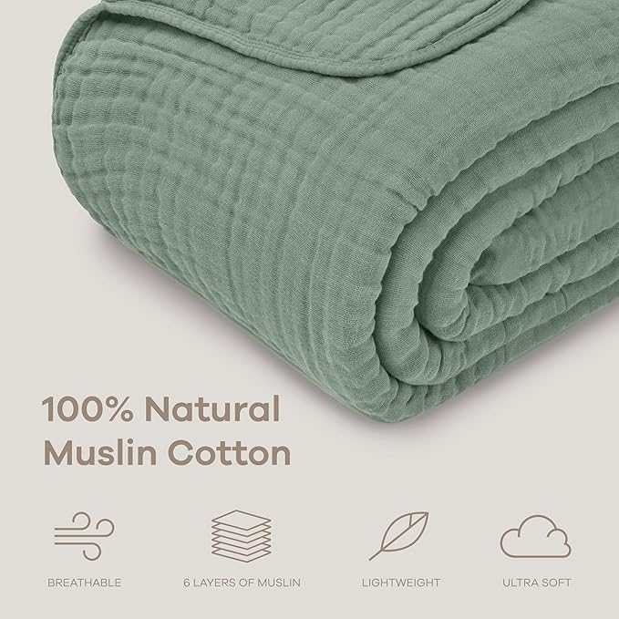 Comfy Cubs Muslin Blanket for Adults Twin 90" x 66" - 6 Layer Soft, Breathable & Lightweight Muslin Adult Blanket - Machine Washable & Designed in The US Bedding for All Seasons - Fern