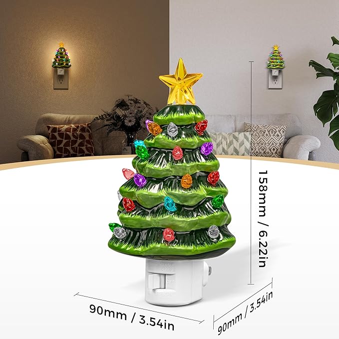 DORESshop Ceramic Christmas Tree Night Light, 3000K Night Lights Plug into Wall, Cute & Funny Christmas Decor Night Light for Kids, Plug in Nightlight with 360° Rotatable, Holiday Party Decor, 1 Pack