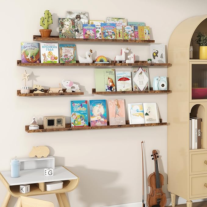 Fun Memories Picture Ledge Shelves Set of 2, 48 Inch Rustic Wall Mounted Floating Shelves with Lip for Home Storage and Décor in Bathroom, Kitchen, Nursery, Bedroom, Living Room, Brown