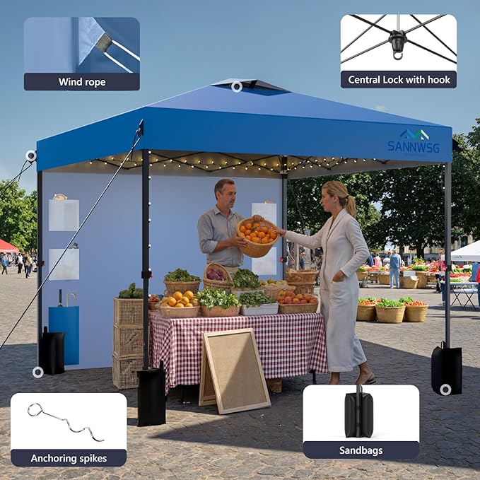 8X8 Pop Up Canopy Tent,Removable Pockets Sidewall for Extra Storage,Easy Up Canopy,Heavy Duty One Person Set Up Event Tent,Blue