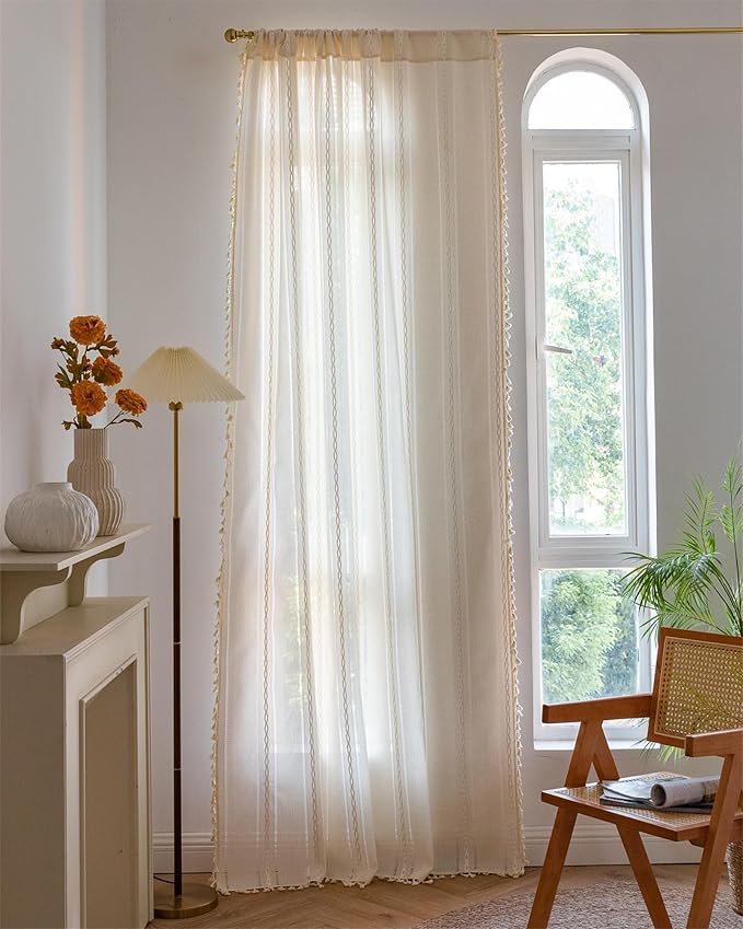 Deeprove Ivory Boho Curtains for Bedroom 84 Inches Long, Bohemian Chic Textured Embroidery Overlapping, Vintage Handmade Tassels Country Decor Drapery, Rod Pocket, 1 Panel W52 x L84