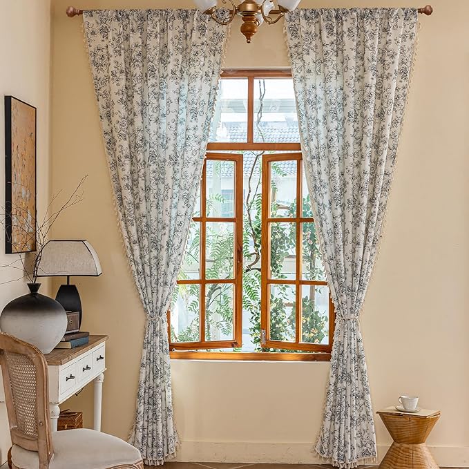 ENJOYBRIDAL Floral 96 Inch Curtains 2 Panel Set Boho Vintage Drapes for Bedroom Semi Sheer Living Room Long Window Curtain Panels Farmhouse Flower Print Rod Pocket Cute Window Treatments