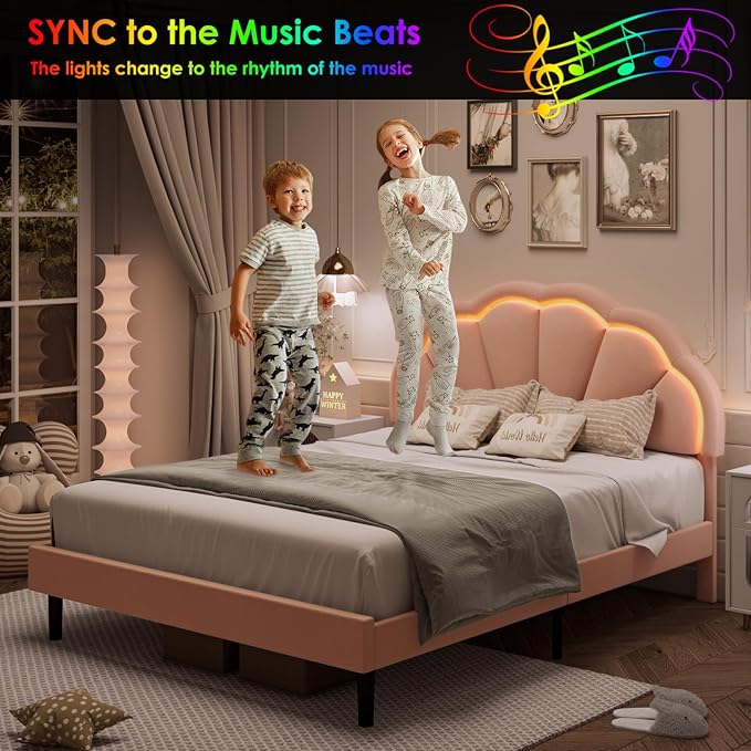 HIFIT Full Upholstered Smart LED Bed Frame with Adjustable Chic Petal Headboard, Princess Full Size Platform Bed Frames for Kids/Girls, Wooden Slats Support, No Box Spring Needed, Easy Assembly, Pink