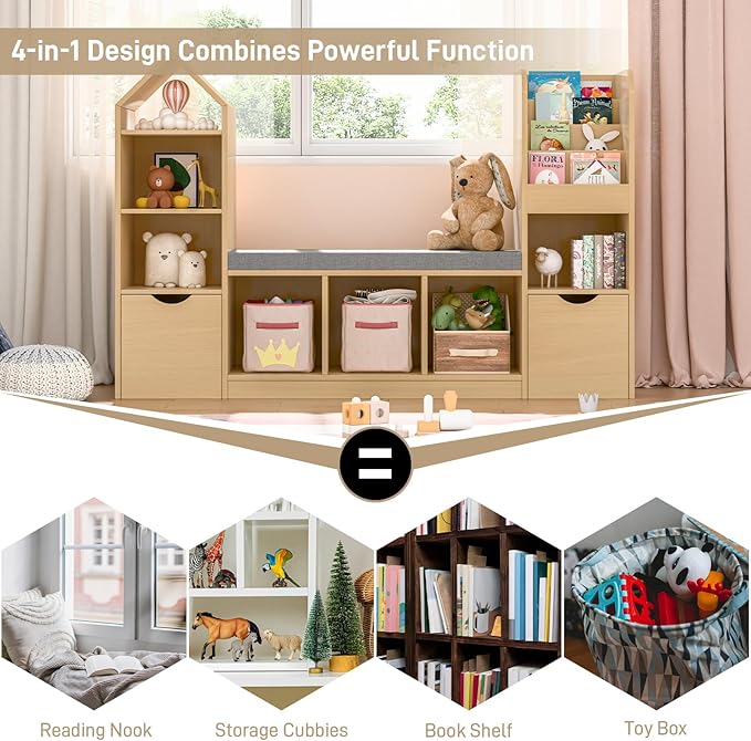 Kids Bookcase with Reading Nook, Bench Kids Bookshelf with 7 Storage Cubbies and 2 Movable Drawers, Multi-Purpose Toy Storage Organizer with Seat Cushion for Playroom, Bedroom, Living Room, Oak
