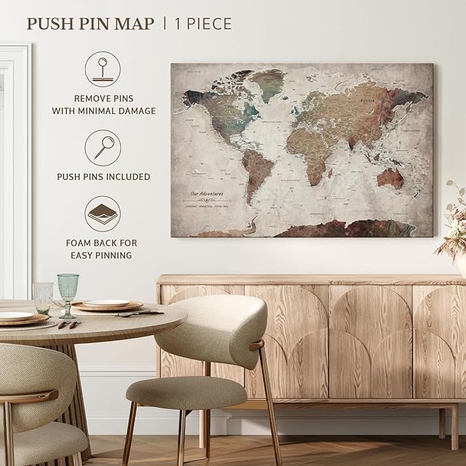 ElephantStock - Our Adventures World Map With Push Pin Iii Wall Art - Horizontal Canvas Wall Art - Living Room Wall Decor - Printmaking Map Canvas Art - Beige And Brown Decor - 36" x 24"
